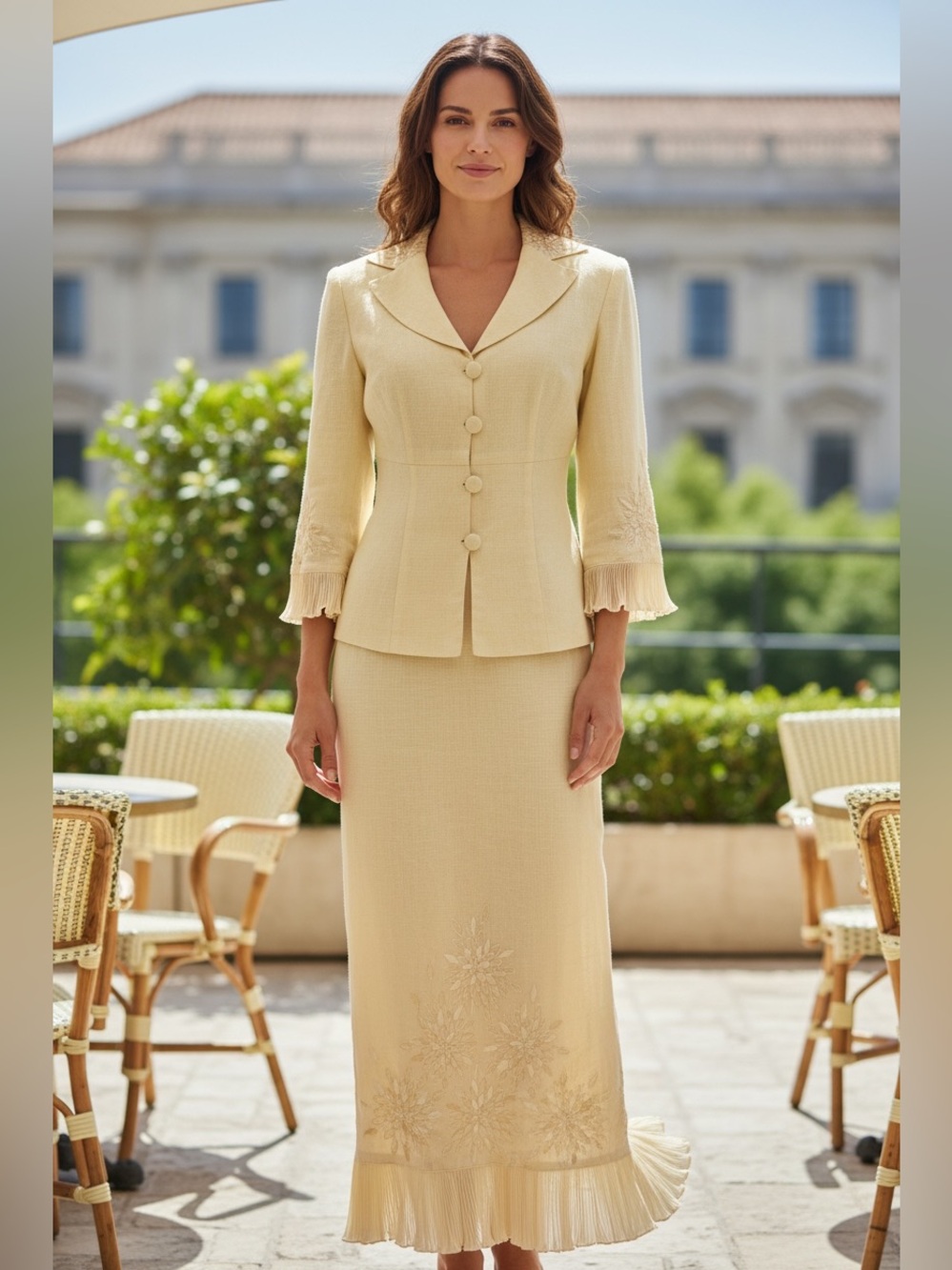 PLAZA SOUTH YELLOW EMBROIDERED LINEN JACKET & MAXI COLUMN SKIRT SUIT SET SZ 8